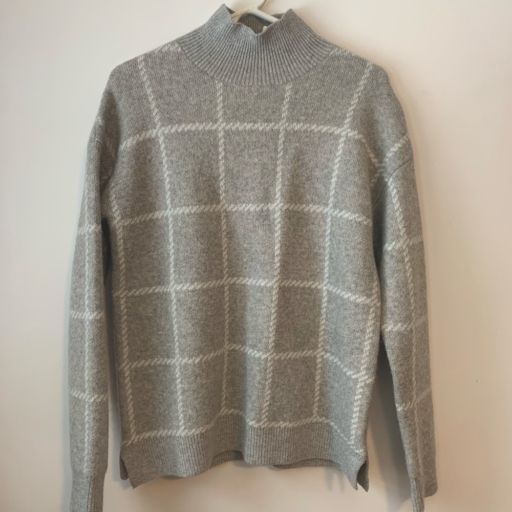 Rachel Zoe Silver/Gray Wool Blend Windowpane Mockneck High-Neck Sweater